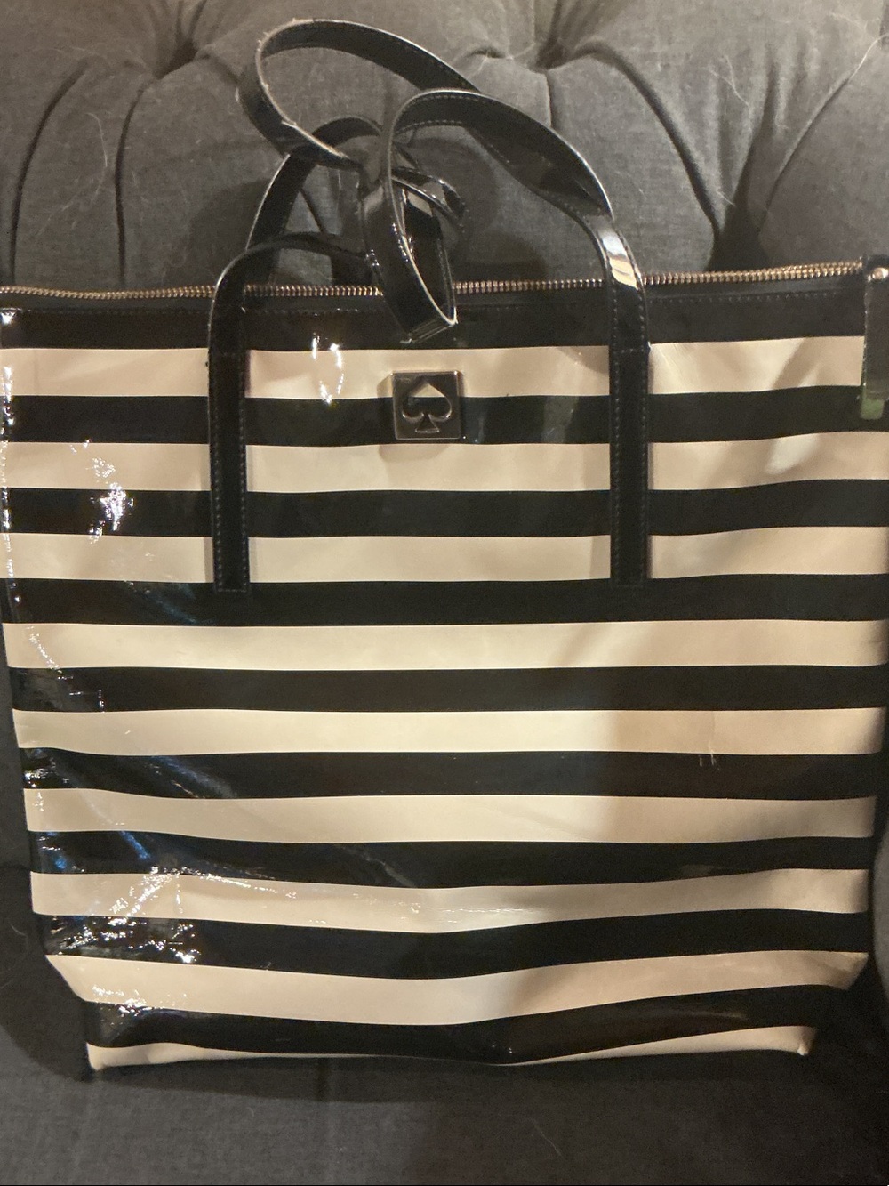 kate spade Black and White Striped Patent Tote